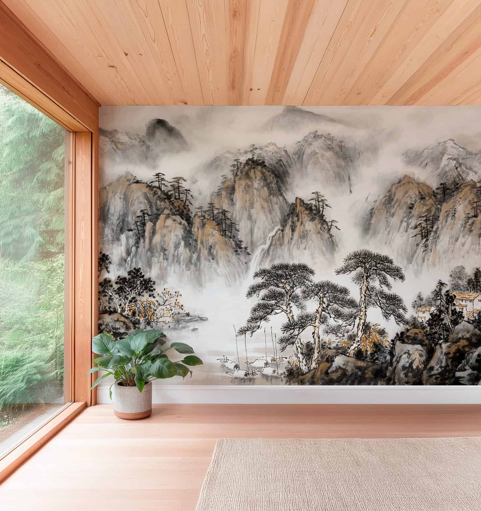japan 2 amb 2 Mural ilustrado de paisaje japonés con montañas, niebla y pinos en tonos tierra en living - Alchemyst