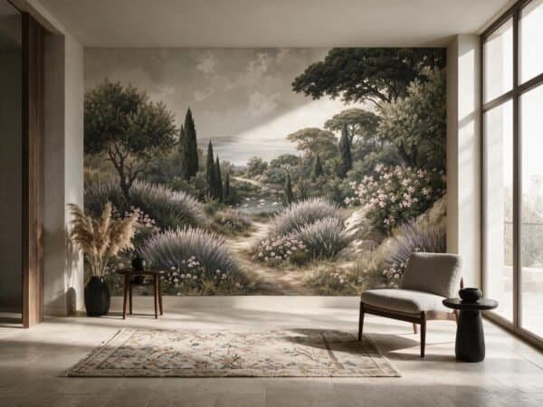 Mural ilustrado de jardín escondido con árboles, lavanda y camino hacia el mar en tonos verdes - Alchemyst