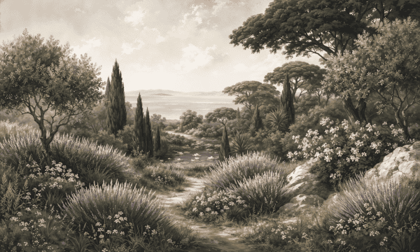 Mural ilustrado de jardín escondido con árboles, lavanda y camino hacia el mar en tonos sepia - Alchemyst