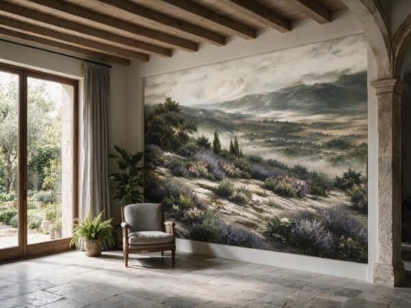 Mural ilustrado de paisaje de sierra con lavanda y arbustos en tonos verdes y grises - Alchemyst