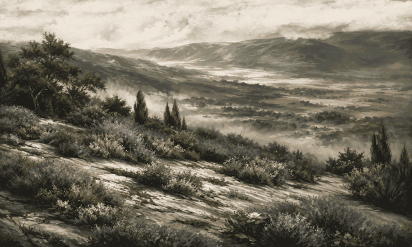 Mural ilustrado de paisaje de sierra con lavanda y valle con niebla en tonos verdes - Alchemyst