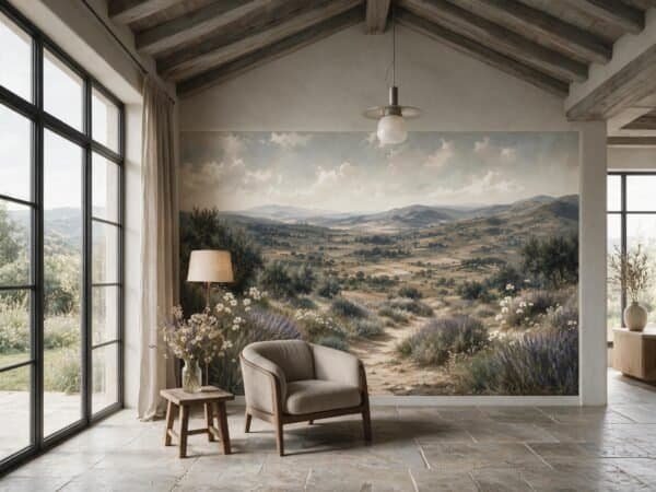 Mural ilustrado de paisaje de valle con campos cultivados y lavanda en tonos beige en living - Alchemyst