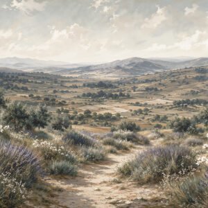 Mural ilustrado de paisaje de valle con campos cultivados, lavanda y flores blancas en tonos beige - Alchemyst