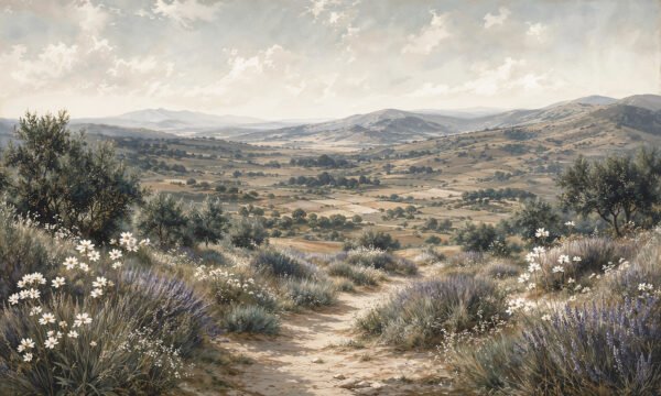 Mural ilustrado de paisaje de valle con campos cultivados, lavanda y flores blancas en tonos beige - Alchemyst