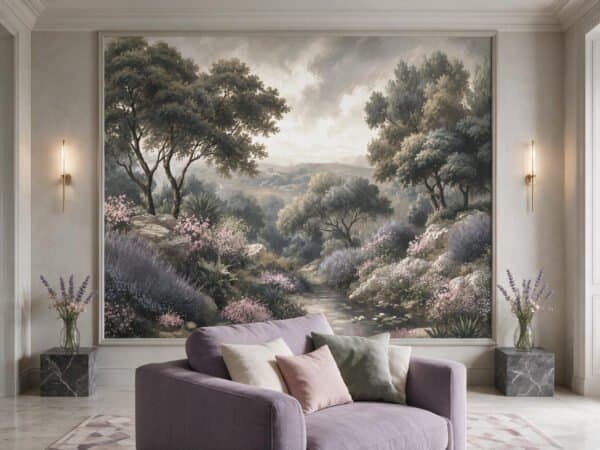Mural ilustrado de valle con árboles, lavanda y arroyo en tonos verdes en living - Alchemyst