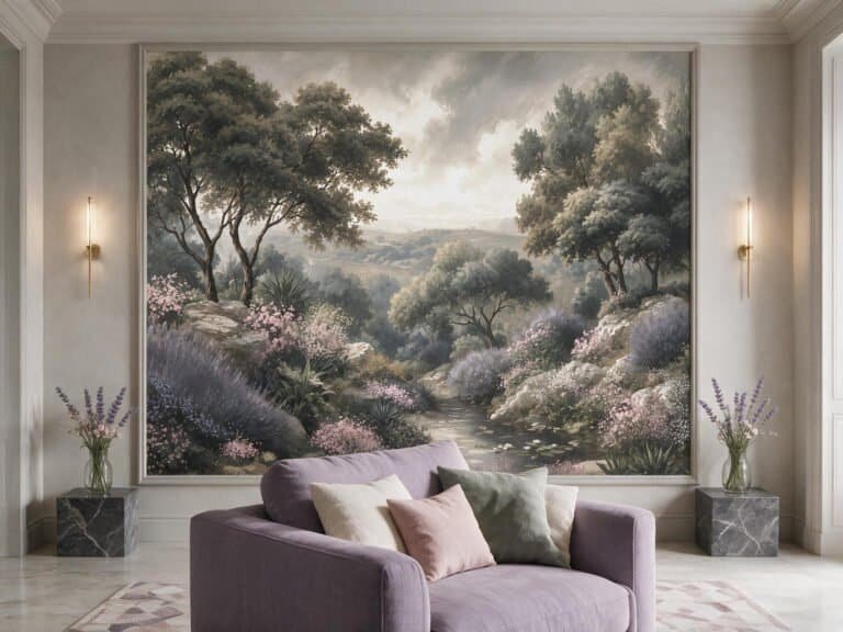 Mural ilustrado de valle con árboles, lavanda y arroyo en tonos verdes en living - Alchemyst