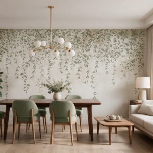 Mural ilustrado botánico con enredaderas colgantes verdes en comedor y living - Alchemyst