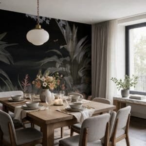Empapelado mural Agra -5 Noir de ALCHEMYST aplicado en un comedor