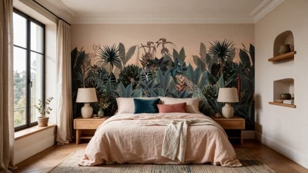 Empapelado mural Alice Day de ALCHEMYST aplicado en un dormitorio
