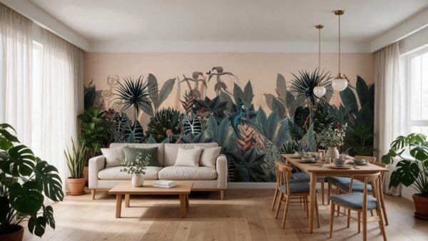 Empapelado mural Alice Day de ALCHEMYST aplicado en un living comedor