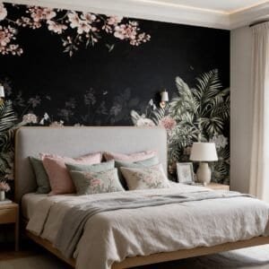 Empapelado mural Allegra Noir de ALCHEMYST aplicado en un dormitorio