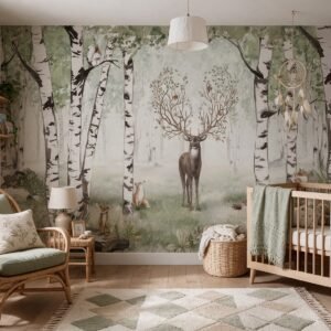 Empapelado infantil Amazing Antlers Summer-1 de ALCHEMYST aplicado en un cuarto de bebé