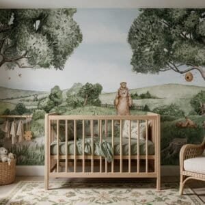 Empapelado infantil Amazing Bear & Bees-1 de ALCHEMYST aplicado en un cuarto de bebé