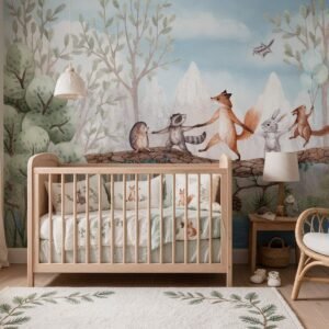 Empapelado infantil Animal Adventure de ALCHEMYST aplicado en un cuarto de bebé