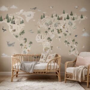 Empapelado infantil Animal Atlas Brown de ALCHEMYST aplicado en un cuarto de bebé