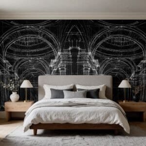 Empapelado mural Arch Sketch Noir de ALCHEMYST aplicado en un dormitorio