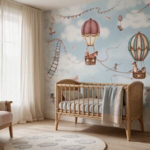 Empapelado mural Aviation Adventure de ALCHEMYST aplicado en un cuarto de bebé