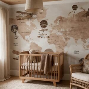 Empapelado infantil Aviator Map 3 de ALCHEMYST aplicado en un cuarto de bebé