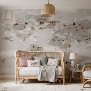 Empapelado infantil Aviator Map 4 de ALCHEMYST aplicado en un cuarto de bebé