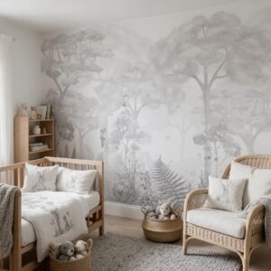 Empapelado infantil Baby Forest 1 Gris de ALCHEMYST aplicado en un cuarto de bebé