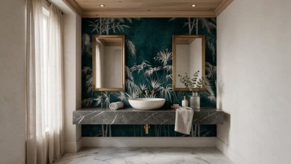 Empapelado mural Bamboo Noir 1 de ALCHEMYST aplicado en un toilet