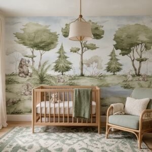 Empapelado infantil Bear Forest 1 de ALCHEMYST aplicado en un cuarto de bebé