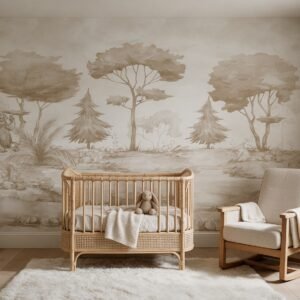 Empapelado infantil Bear Forest 2 de ALCHEMYST aplicado en un cuarto de bebé