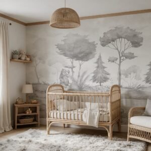 Empapelado infantil Bear Forest 3 de ALCHEMYST aplicado en un cuarto de bebé