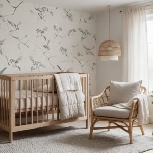 Empapelado infantil Birds de ALCHEMYST aplicado en un cuarto de bebé