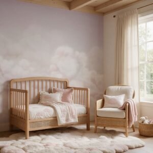 Empapelado mural Calming Clouds Pink de ALCHEMYST aplicado en un cuarto de bebé