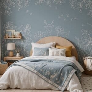Empapelado infantil Deer Doodles Blue de ALCHEMYST aplicado en un cuarto de niños