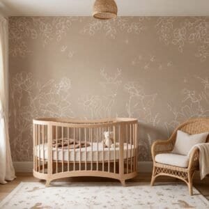 Empapelado infantil Deer Doodles Brown de ALCHEMYST aplicado en un cuarto de bebé