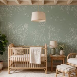 Empapelado infantil Deer Doodles Green de ALCHEMYST aplicado en un cuarto de bebé