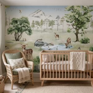 Empapelado infantil Deer Forest Summer 1 de ALCHEMYST aplicado en un cuarto de bebé