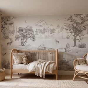 Empapelado infantil Deer Forest Summer 3 de ALCHEMYST aplicado en un cuarto de bebé
