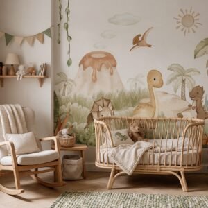 Empapelado infantil Dino Baby de ALCHEMYST aplicado en un cuarto de bebé