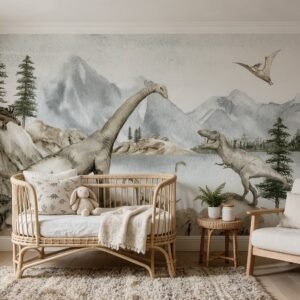 Empapelado infantil Dino Dreams 1 de ALCHEMYST aplicado en un cuarto de bebé