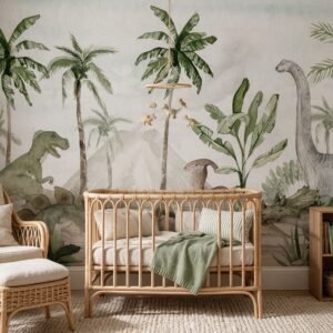 Empapelado infantil Dino Joy 2 de ALCHEMYST aplicado en un cuarto de bebé