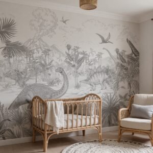 Empapelado infantil Dinos Gris de ALCHEMYST aplicado en un cuarto de bebé