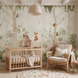 Empapelado infantil Enchanted Woods de ALCHEMYST aplicado en un cuarto de bebé
