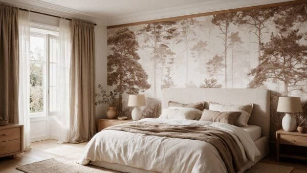 Empapelado mural Ethereal Woods 1 de ALCHEMYST aplicado en un dormitorio
