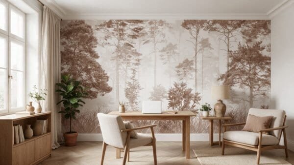 Empapelado mural Ethereal Woods 1 de ALCHEMYST aplicado en un escritorio