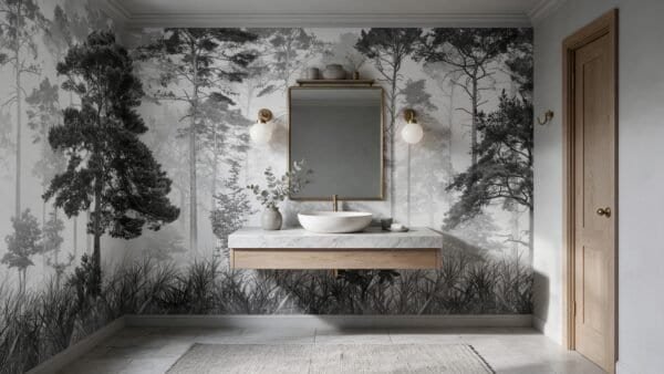Empapelado mural Ethereal Woods 3 de ALCHEMYST aplicado en un toilet