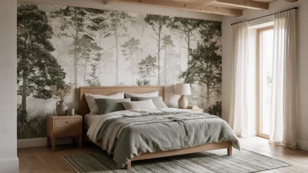 Empapelado mural Ethereal Woods 4 de ALCHEMYST aplicado en un dormitorio
