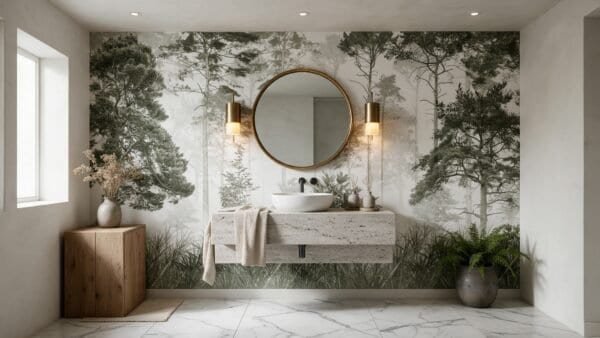 Empapelado mural Ethereal Woods 4 de ALCHEMYST aplicado en un toilet