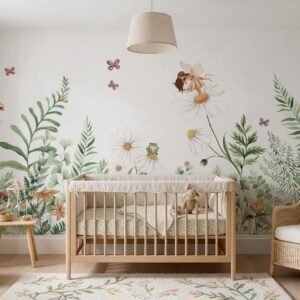Empapelado infantil Fairy Garden 1 de ALCHEMYST aplicado en un cuarto de bebé