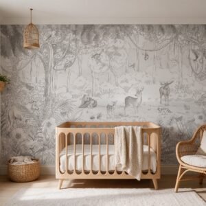 Empapelado infantil Forest Friends Spring 2 de ALCHEMYST aplicado en un cuarto de bebé