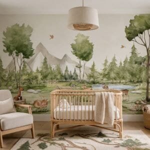 Empapelado infantil Forest Joy 1 de ALCHEMYST aplicado en un cuarto de bebé