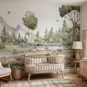 Empapelado infantil Forest Joy 2 de ALCHEMYST aplicado en un cuarto de bebé