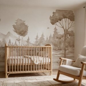 Empapelado infantil Forest Joy 3 de ALCHEMYST aplicado en un cuarto de bebé